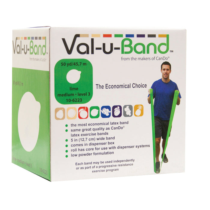 Val-u-Band Low Powder Exercise Band Rolls - 150' Dispenser Box (50 yds)